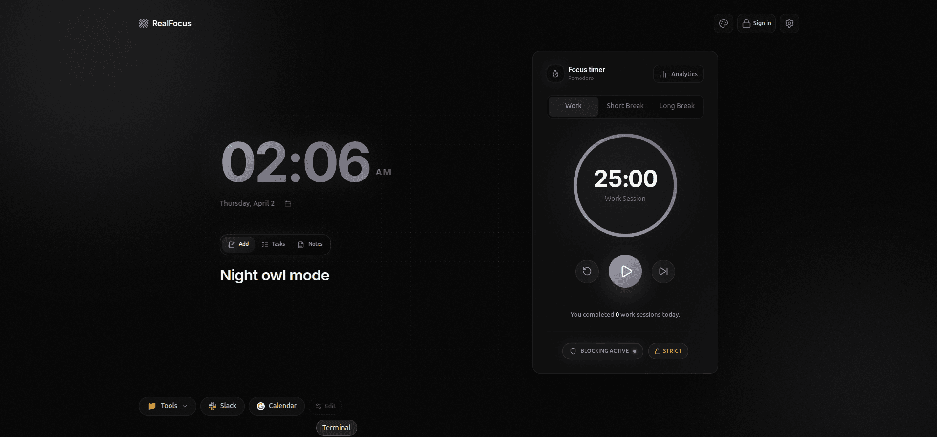RealFocus dashboard: blocking, Pomodoro timer, and today’s focus stats